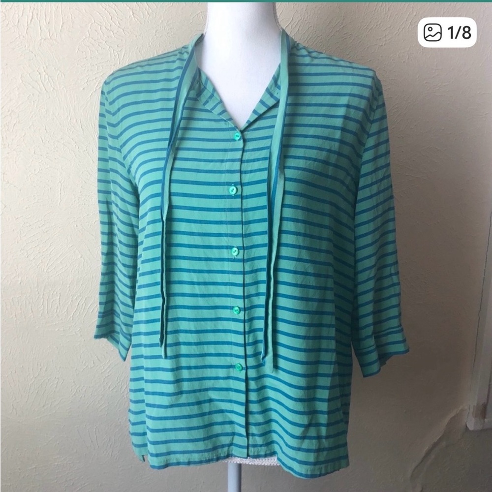 Fossil 100% Silk Pussybow Button Down Blouse M Teal and Turquoise